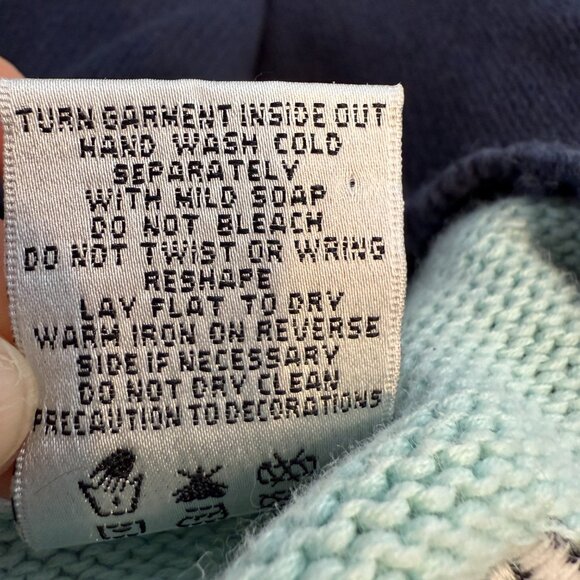 Vintage Quacker Factory Christmas Holiday Sweater Blue Embroidered Patches Large - Picture 12 of 13